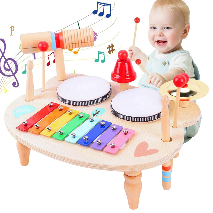 Musikinstrument-sæt i træ til børn med trommer og rytme, fremmer musikudvikling, sikker og miljøvenlig legetøj.