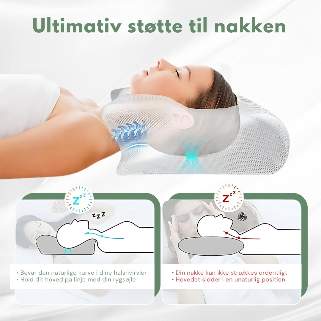 "Ortopædisk pude af memoryskum til smertefri søvn. Ergonomisk designet, hvid/grå, understøtter nakke og ryg."