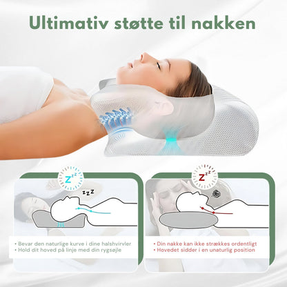 "Ortopædisk pude af memoryskum til smertefri søvn. Ergonomisk designet, hvid/grå, understøtter nakke og ryg."