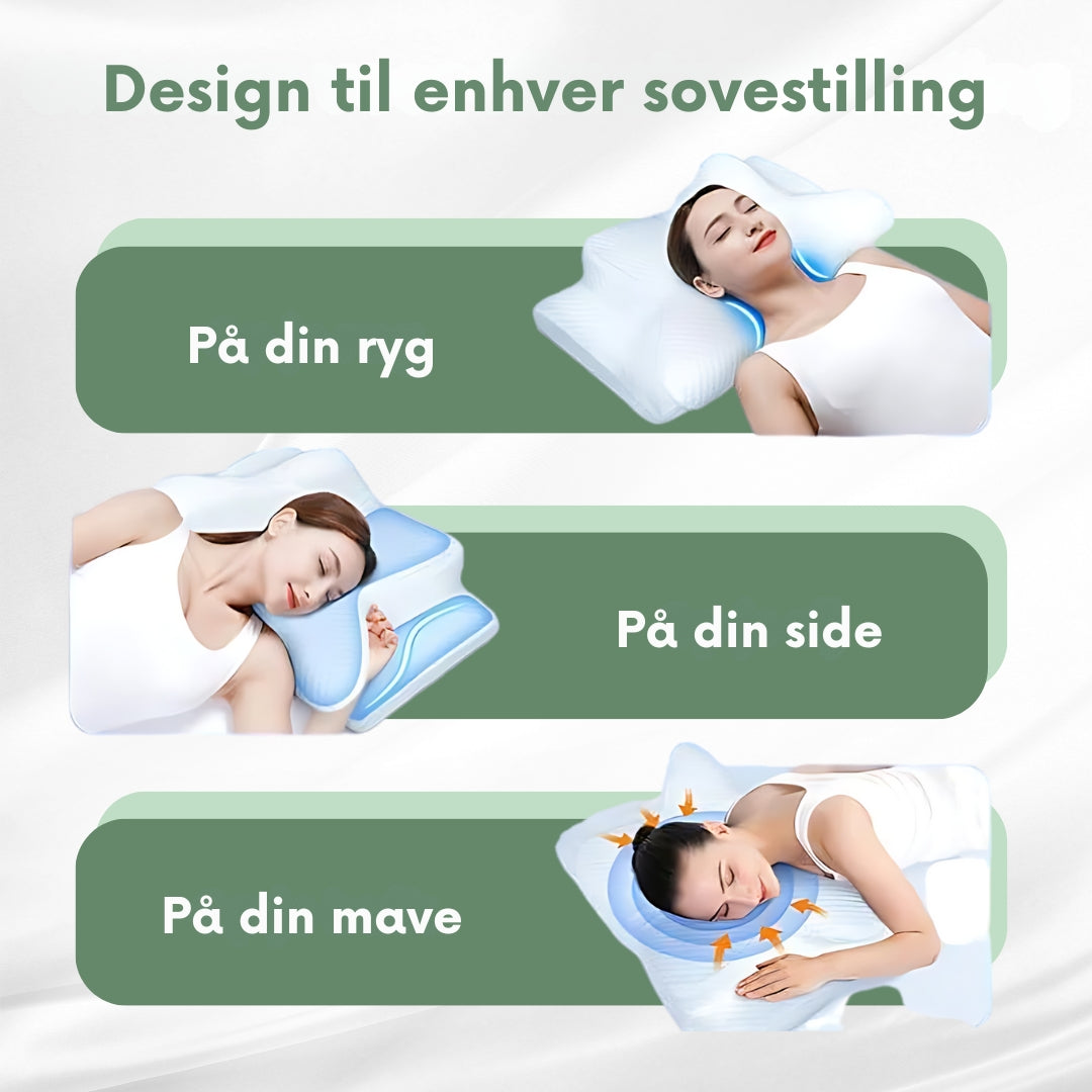 "Ortopædisk pude af memoryskum til smertefri søvn. Ergonomisk designet, hvid/grå, understøtter nakke og ryg."