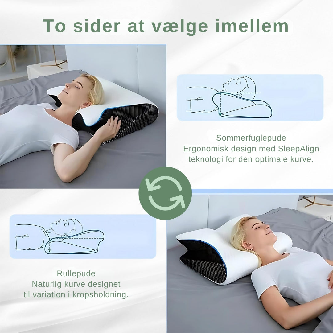 "Ortopædisk pude af memoryskum til smertefri søvn. Ergonomisk designet, hvid/grå, understøtter nakke og ryg."
