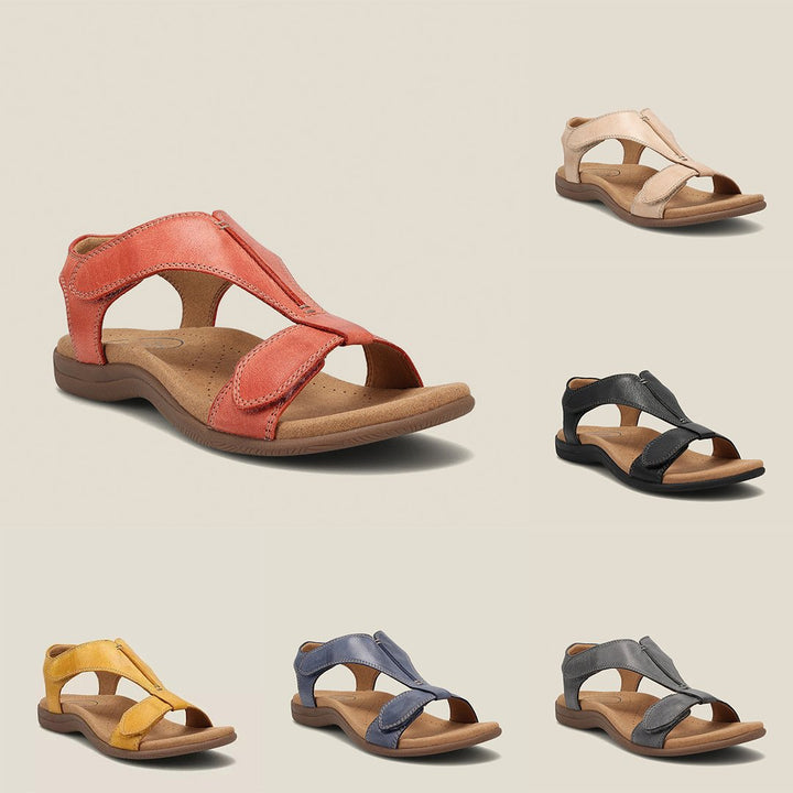 "Ortopædiske læder sandaler med T-rem og memory-skumsål, elegant design, komfort til kvinder, brune nuancer."