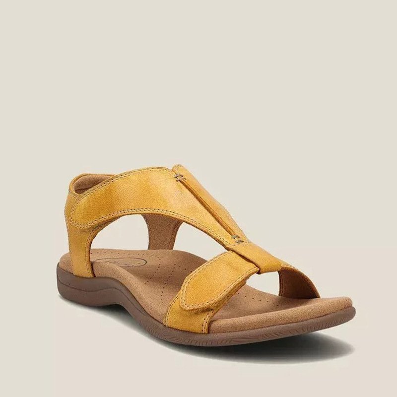 "Ortopædiske læder sandaler med T-rem og memory-skumsål, elegant design, komfort til kvinder, brune nuancer."