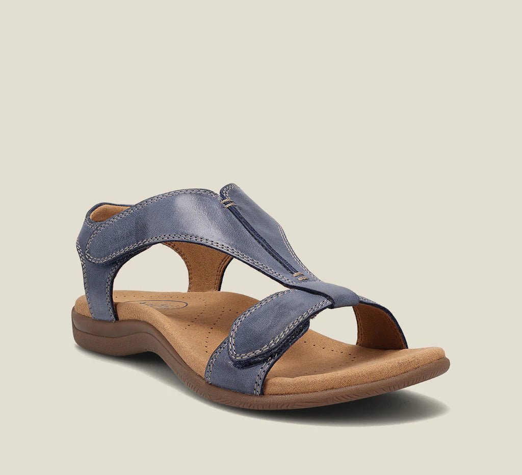 "Ortopædiske læder sandaler med T-rem og memory-skumsål, elegant design, komfort til kvinder, brune nuancer."
