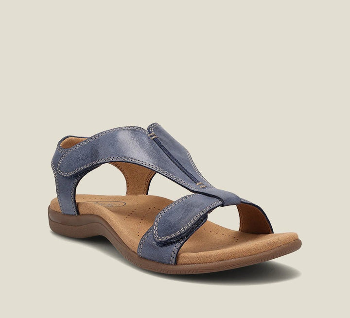 "Ortopædiske læder sandaler med T-rem og memory-skumsål, elegant design, komfort til kvinder, brune nuancer."