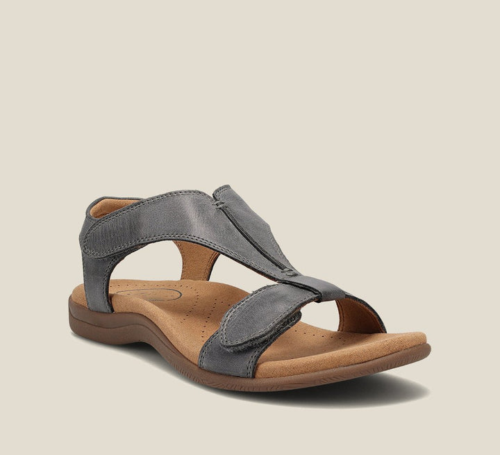 "Ortopædiske læder sandaler med T-rem og memory-skumsål, elegant design, komfort til kvinder, brune nuancer."