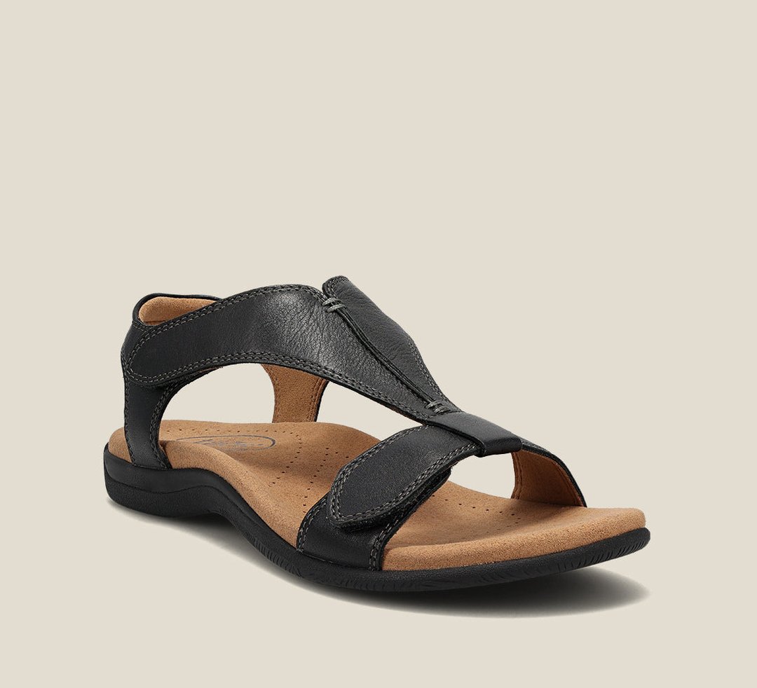 "Ortopædiske læder sandaler med T-rem og memory-skumsål, elegant design, komfort til kvinder, brune nuancer."