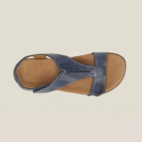 "Ortopædiske læder sandaler med T-rem og memory-skumsål, elegant design, komfort til kvinder, brune nuancer."