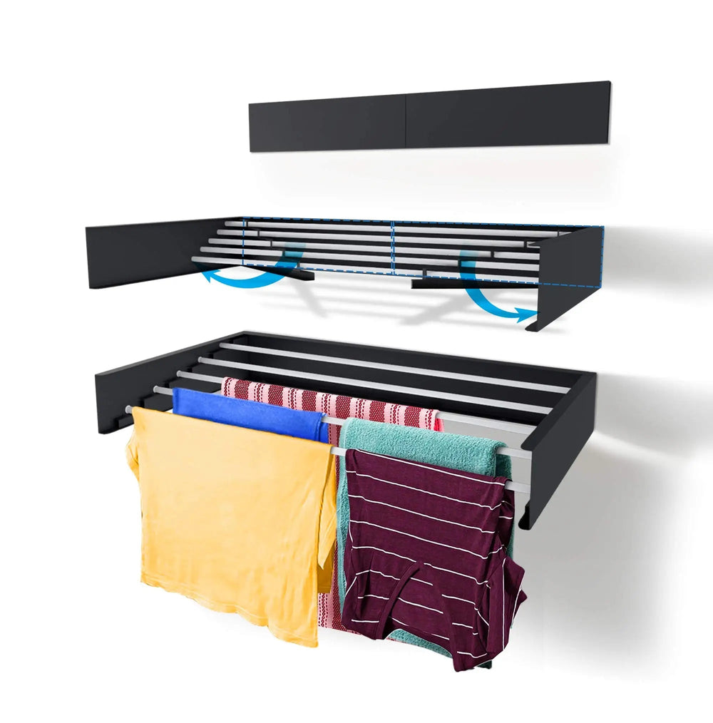 "Pladsbesparende foldbart tørrestativ monteret på væg, ideelt til små rum, nem opsætning for effektiv tøjhåndtering"