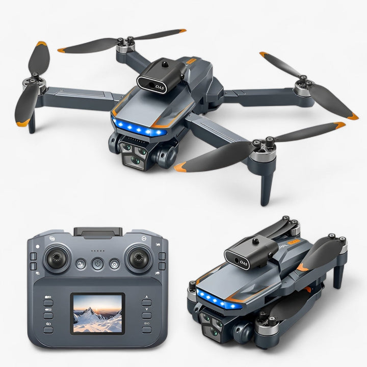 "RC drone med 8K kamera flyver i fri luft, letvægtsdesign i orange og sort, avanceret forhindringsundgåelse."