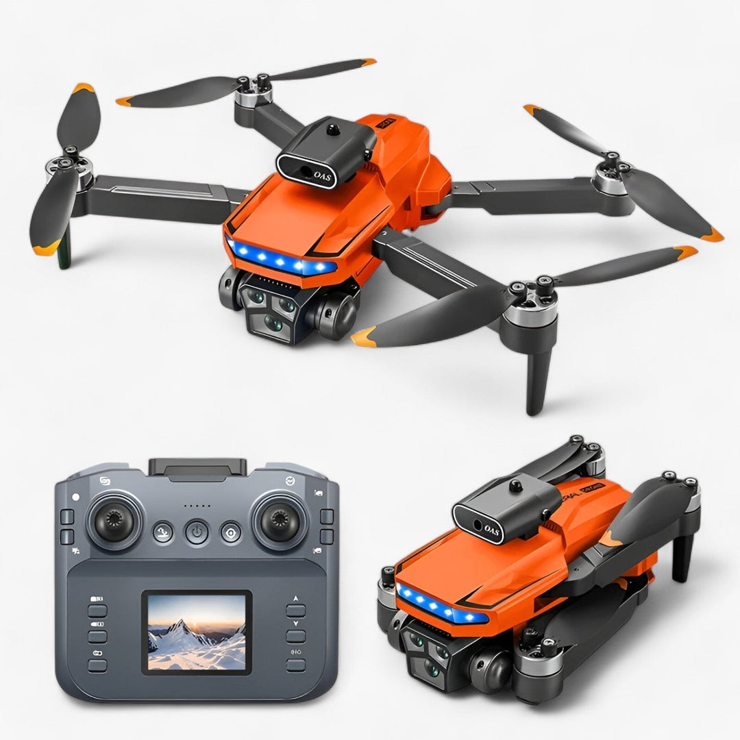"RC drone med 8K kamera flyver i fri luft, letvægtsdesign i orange og sort, avanceret forhindringsundgåelse."