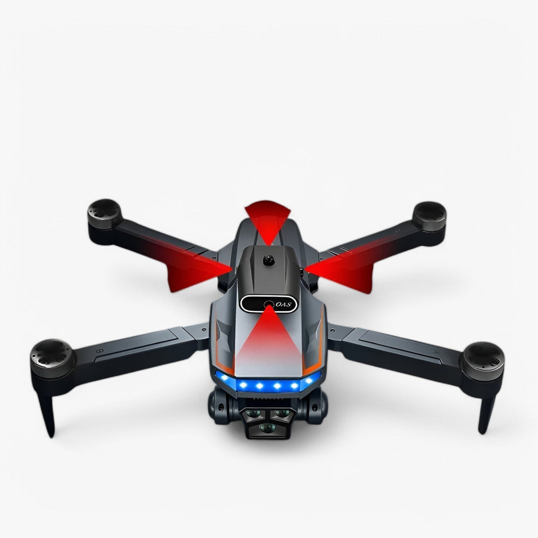 "RC drone med 8K kamera flyver i fri luft, letvægtsdesign i orange og sort, avanceret forhindringsundgåelse."