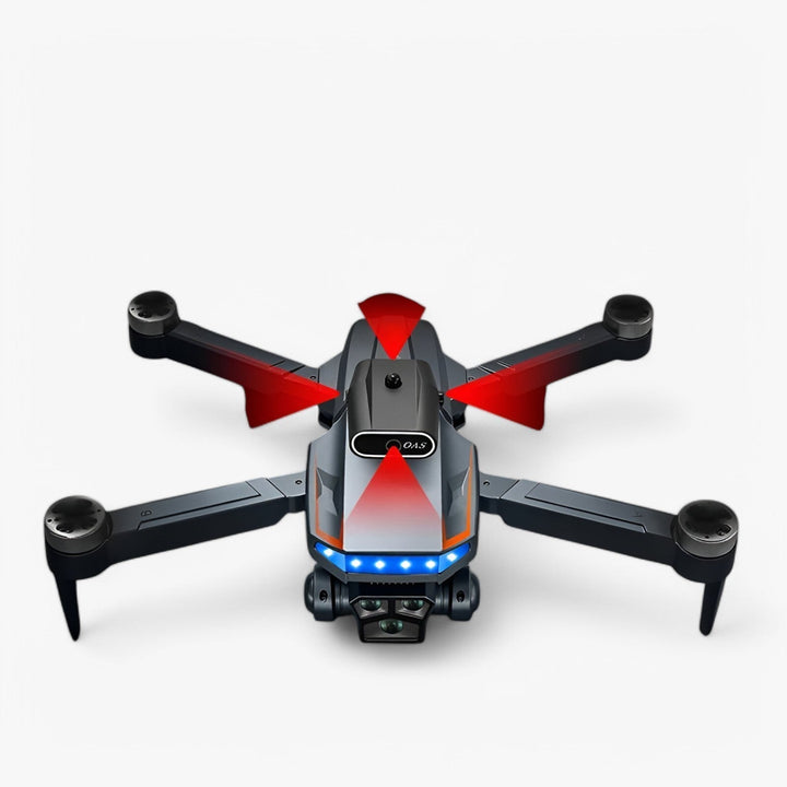 "RC drone med 8K kamera flyver i fri luft, letvægtsdesign i orange og sort, avanceret forhindringsundgåelse."