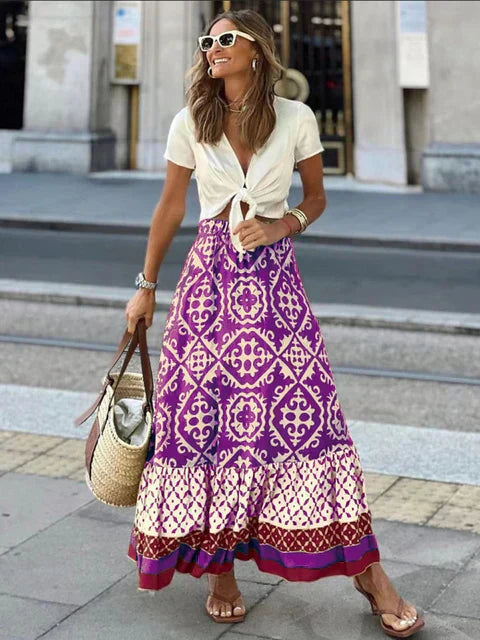 Retro Boho lang sommer nederdel i pink, blød og flydende, perfekt til sommeraftener, bohemisk stil, let materiale.