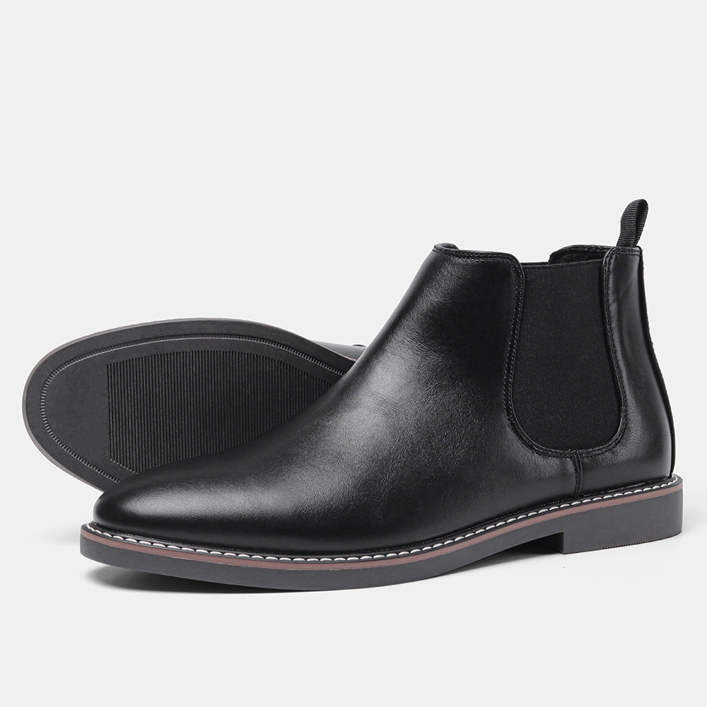"Retro Chelsea-støvler til mænd, brun læder, slip-on design, polstrede indersåler, gummisåler for optimal komfort."