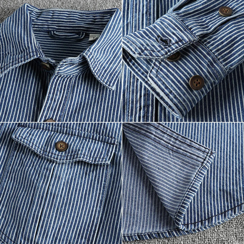 "Retro denimskjorte til herrer med stribet mønster, vintage stil, blå nuancer, kort krave og lange ærmer."