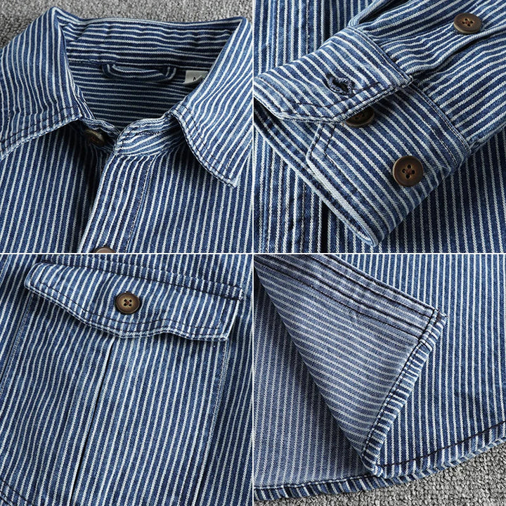 "Retro denimskjorte til herrer med stribet mønster, vintage stil, blå nuancer, kort krave og lange ærmer."
