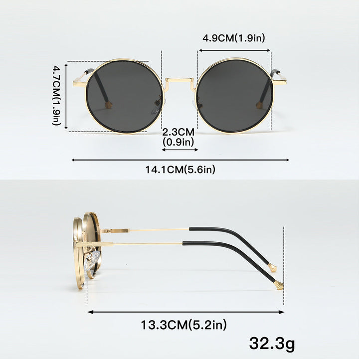 Produktbillede af runde solbriller i metal med UV400 beskyttelse. Unisex model for sommeren.