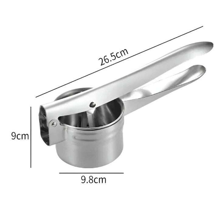 "Rustfri stål kartoffelpresser med ergonomisk håndtag for glat, klumpfri mos. Holdbart køkkenredskab til mosning."