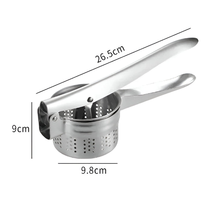 "Rustfri stål kartoffelpresser med ergonomisk håndtag for glat, klumpfri mos. Holdbart køkkenredskab til mosning."