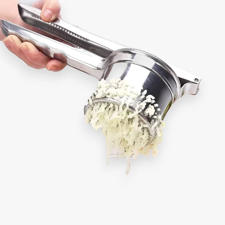"Rustfri stål kartoffelpresser med ergonomisk håndtag for glat, klumpfri mos. Holdbart køkkenredskab til mosning."
