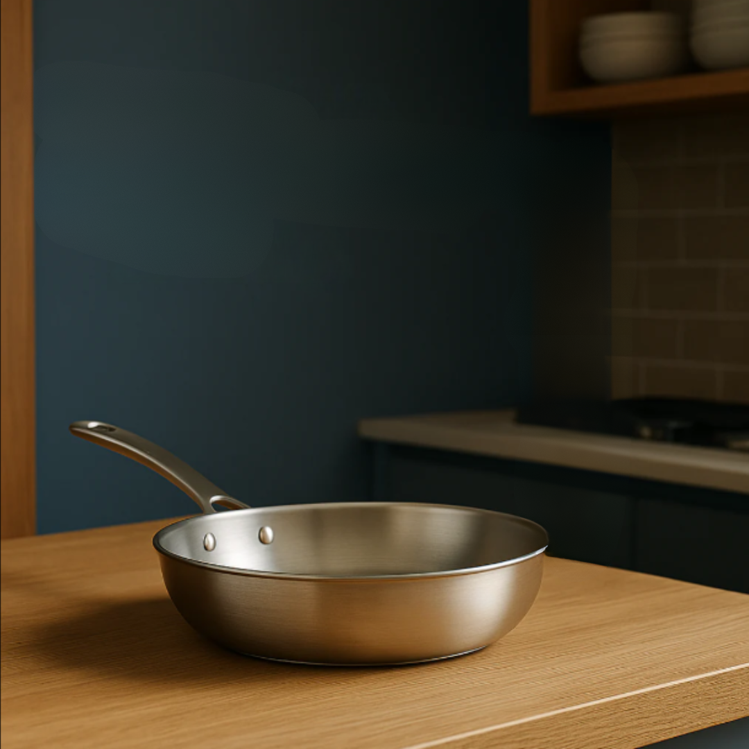 Stilfuld sølv titanium pande med unik hamret finish. Ideel induktionspande til moderne køkkenudstyr.