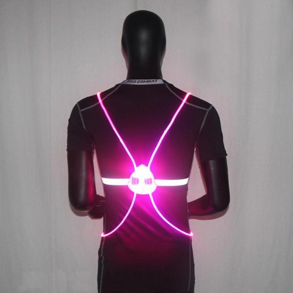 "Sikkerhedsvest med LED-lys 360° synlighed, reflekser og justerbare stropper, ideel til løb og cykling i mørke."