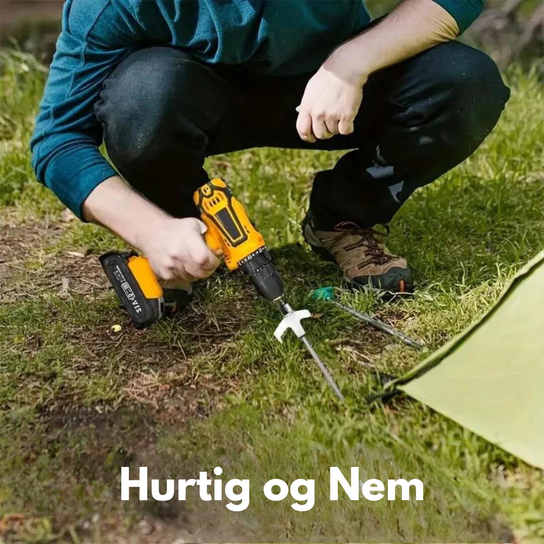 "Skrubare stålpløkker i sæt af 12, med riflet overflade, nem installation, og stormsikker stabilitet til campingbrug."