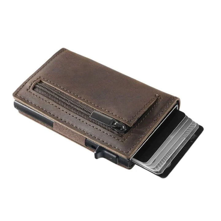 "Slank RFID-pung i carbon-sort med avanceret NFC-blokering, slank, holdbar, sikker til daglig brug og stilfuld accessory."