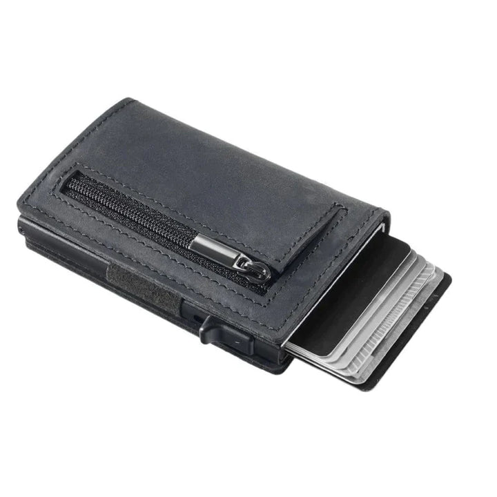 "Slank RFID-pung i carbon-sort med avanceret NFC-blokering, slank, holdbar, sikker til daglig brug og stilfuld accessory."