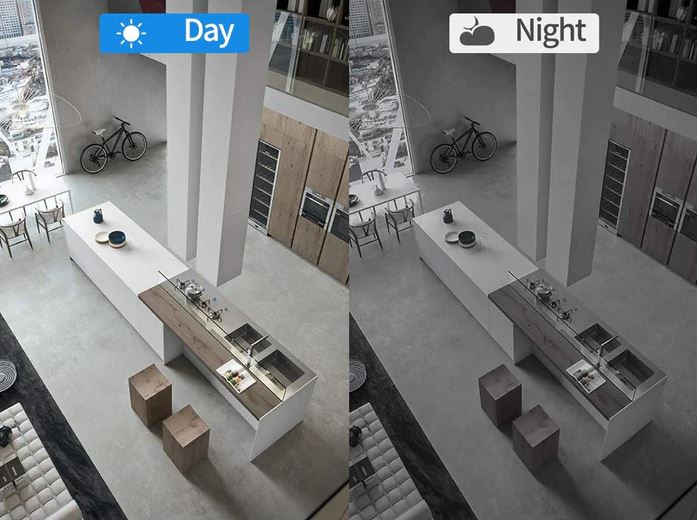 "Smart sikkerhedskamera med WiFi, HD-video og diskret design, perfekt til hjemmet, med avanceret app-kontrol og nattesyn."