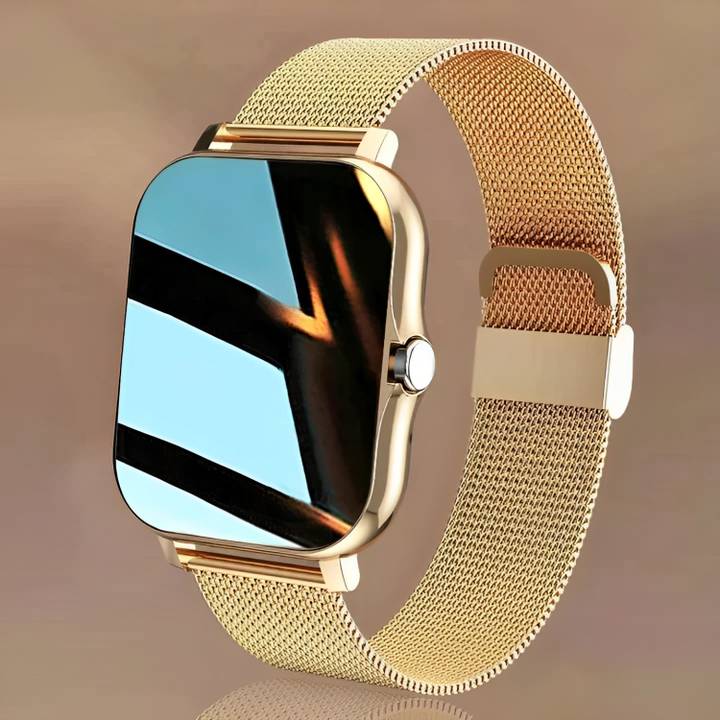 "Sofistikeret smartwatch med elegant design, avancerede sensorer, lang batteritid og Bluetooth-forbindelse."