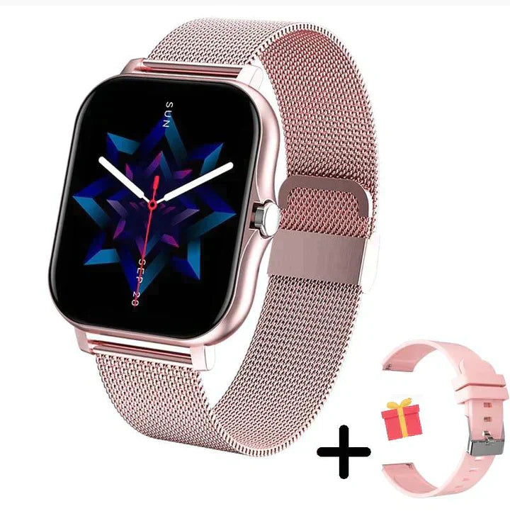 "Sofistikeret smartwatch med elegant design, avancerede sensorer, lang batteritid og Bluetooth-forbindelse."