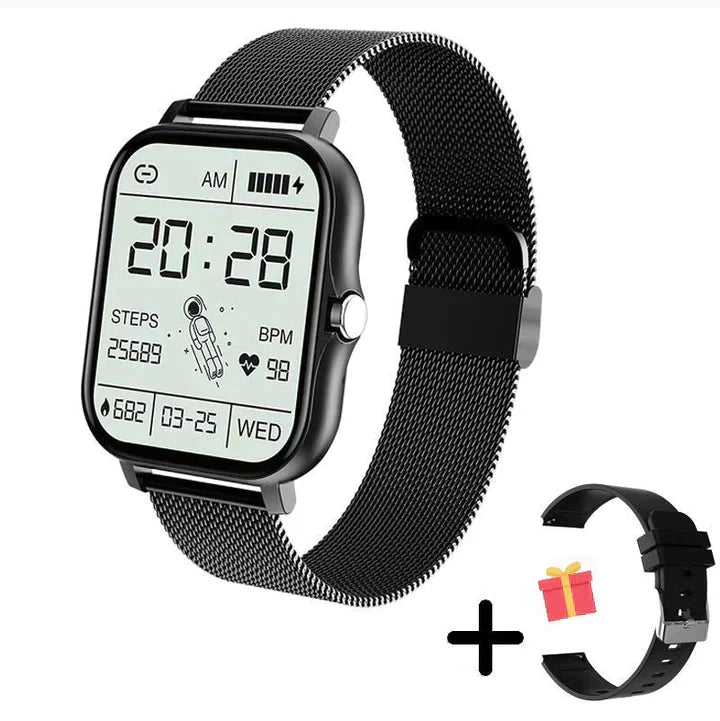 "Sofistikeret smartwatch med elegant design, avancerede sensorer, lang batteritid og Bluetooth-forbindelse."