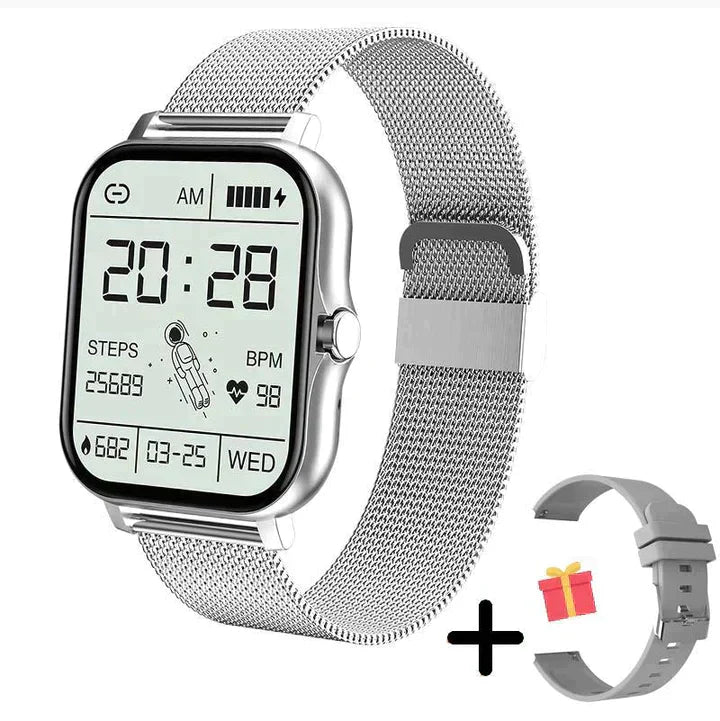 "Sofistikeret smartwatch med elegant design, avancerede sensorer, lang batteritid og Bluetooth-forbindelse."