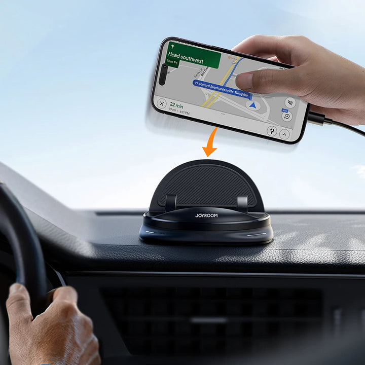 Sort 360° drejbar telefonholder til bil, elegant design, sikrer stabilitet, nem installation og bred smartphone-kompatibilitet