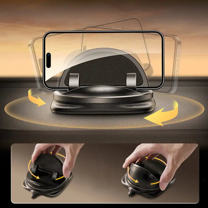 Sort 360° drejbar telefonholder til bil, elegant design, sikrer stabilitet, nem installation og bred smartphone-kompatibilitet