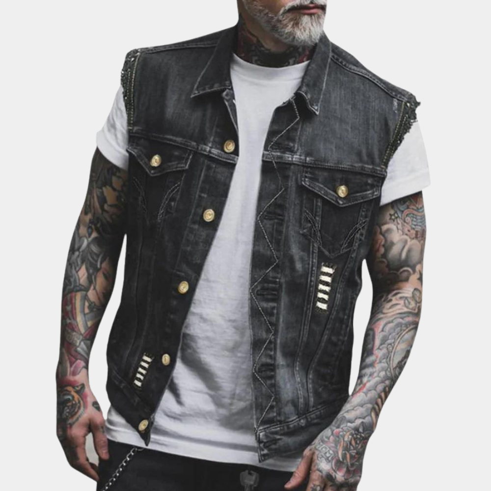 "Sort denimvest til mænd med gyldne knapper og brystlommer, retro look, egnet til hverdagsbrug og afslappede lejligheder."