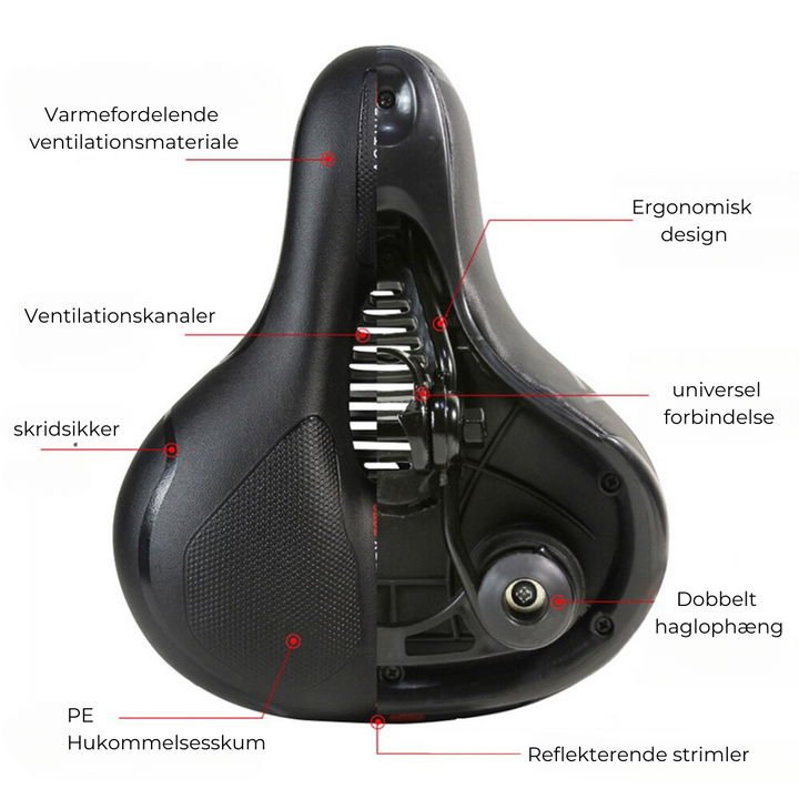 "Sort ergonomisk cykelsadel med hukommelsesskum og refleksstriber, ideel til lange cykelture for optimal komfort."