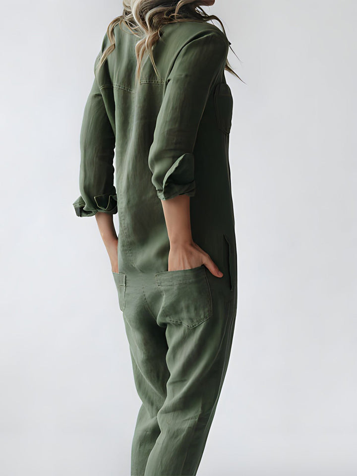 Stilfuld blå og grøn Kaya jumpsuit til kvinder, elegant design med lange ærmer og komfortabel pasform til enhver lejlighed.