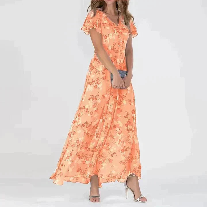 Kvinders elegante blomstrede maxi kjole med V-hals, let fald og alsidigt design.