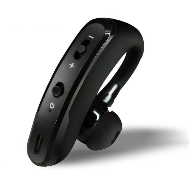 "Stilfuld Bluetooth-øretelefon til enkelt øre, svedafvisende, med støjreduktion og ergonomisk design til komfort."