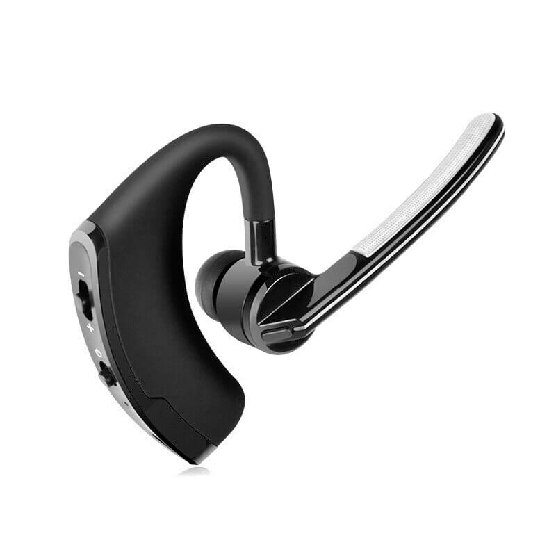 "Stilfuld Bluetooth-øretelefon til enkelt øre, svedafvisende, med støjreduktion og ergonomisk design til komfort."