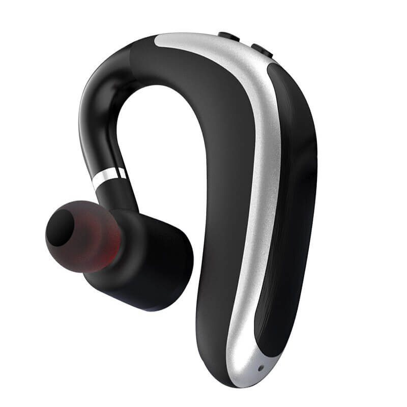 "Stilfuld Bluetooth-øretelefon til enkelt øre, svedafvisende, med støjreduktion og ergonomisk design til komfort."