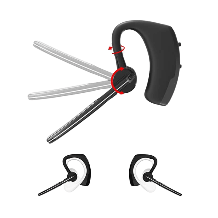 "Stilfuld Bluetooth-øretelefon til enkelt øre, svedafvisende, med støjreduktion og ergonomisk design til komfort."