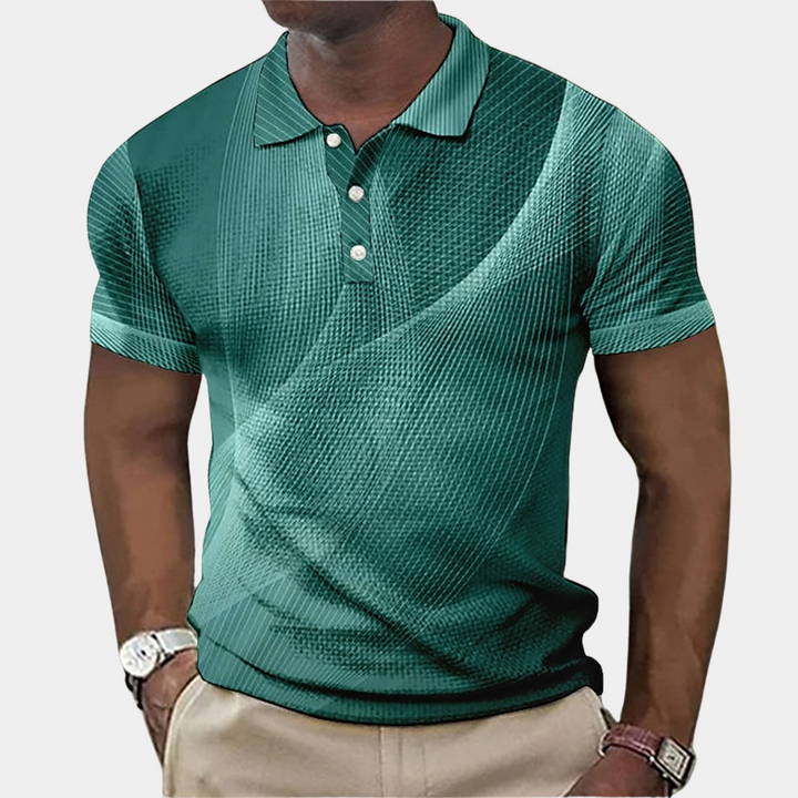 "Stilfuld herre slim fit poloshirt med blå tekstureret mønster og klassisk krave, ideel til både hverdag og fest."