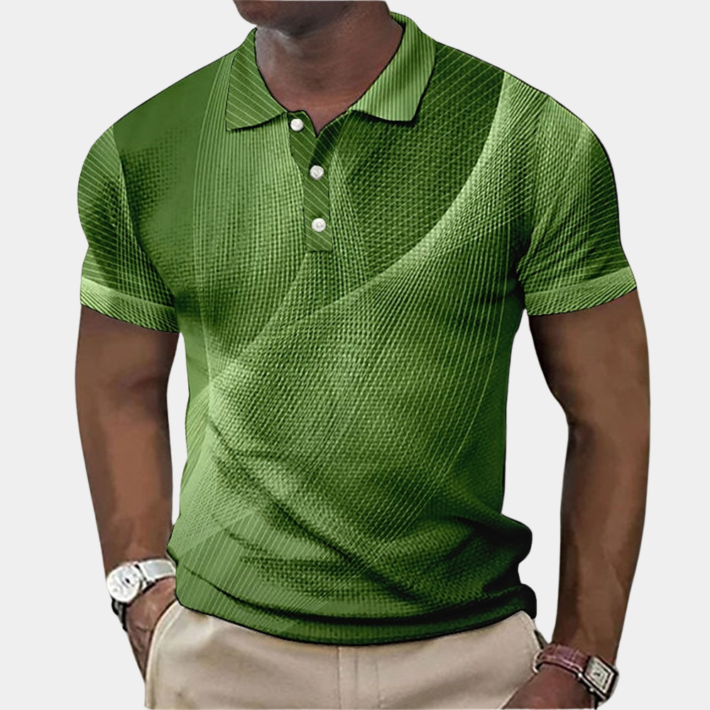 "Stilfuld herre slim fit poloshirt med blå tekstureret mønster og klassisk krave, ideel til både hverdag og fest."