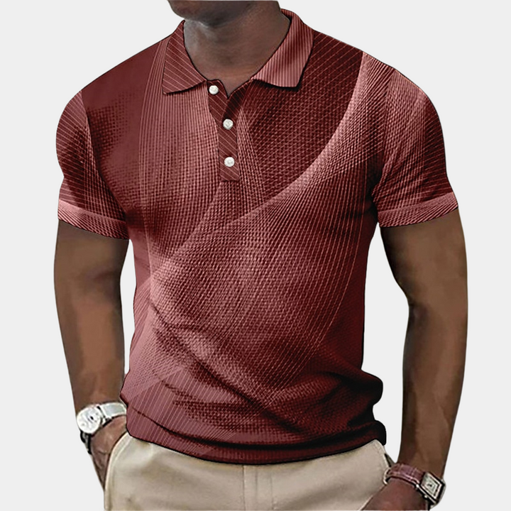 "Stilfuld herre slim fit poloshirt med blå tekstureret mønster og klassisk krave, ideel til både hverdag og fest."