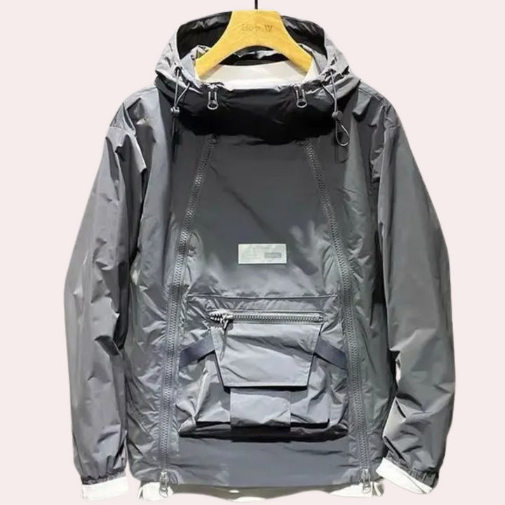 "Stilfuld herre-windbreaker, vejrbestandig, sort/grå/khaki, vandafvisende, åndbart og hurtigtørrende stof."