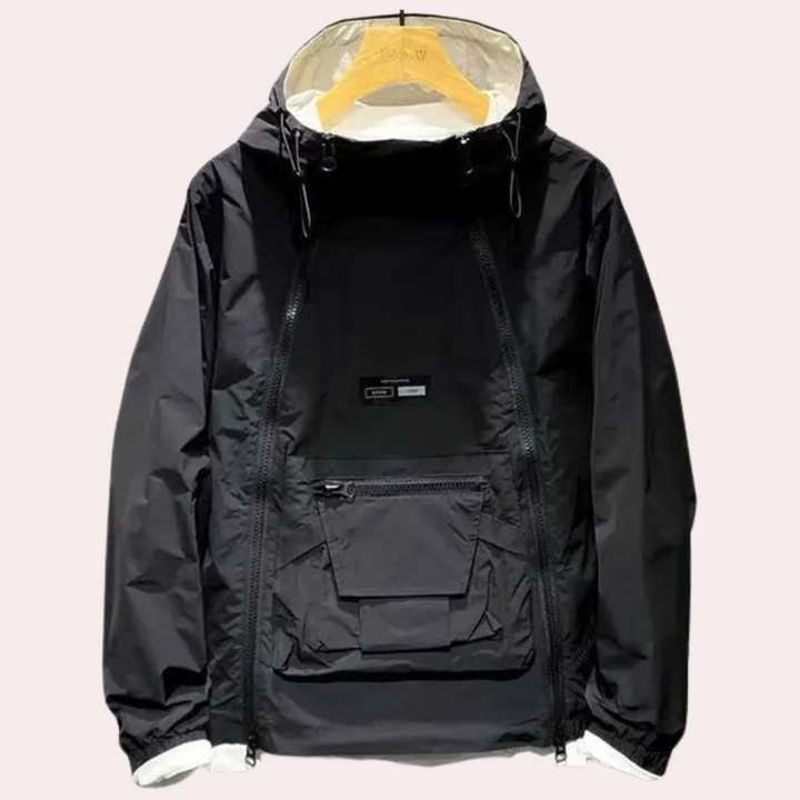 "Stilfuld herre-windbreaker, vejrbestandig, sort/grå/khaki, vandafvisende, åndbart og hurtigtørrende stof."